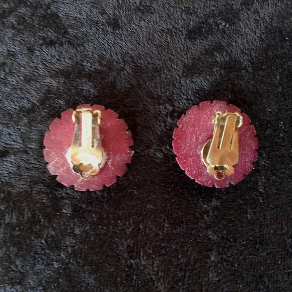 Vintage - Rare Bone Burgundy Round Clip Earrings - Picture 4 of 6